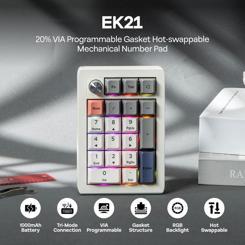 EPOMAKER EK21 VIA Gasket Number Pad with 1000mAh Battery, BT 5.0/2.4GHz/Wired Hot-Swap Numpad with Aluminum Alloy knob, Programmable for Win/Mac/Gaming (Retro White, Wisteria V2 Switch) - Image 2